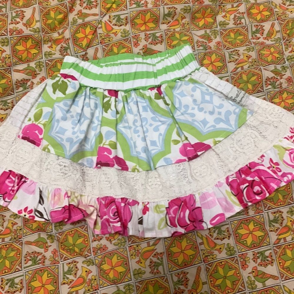 SweetHoney 2T Tiered Ruffle Dance Skirt Floral Lace Twirl Patchwork Pink Green